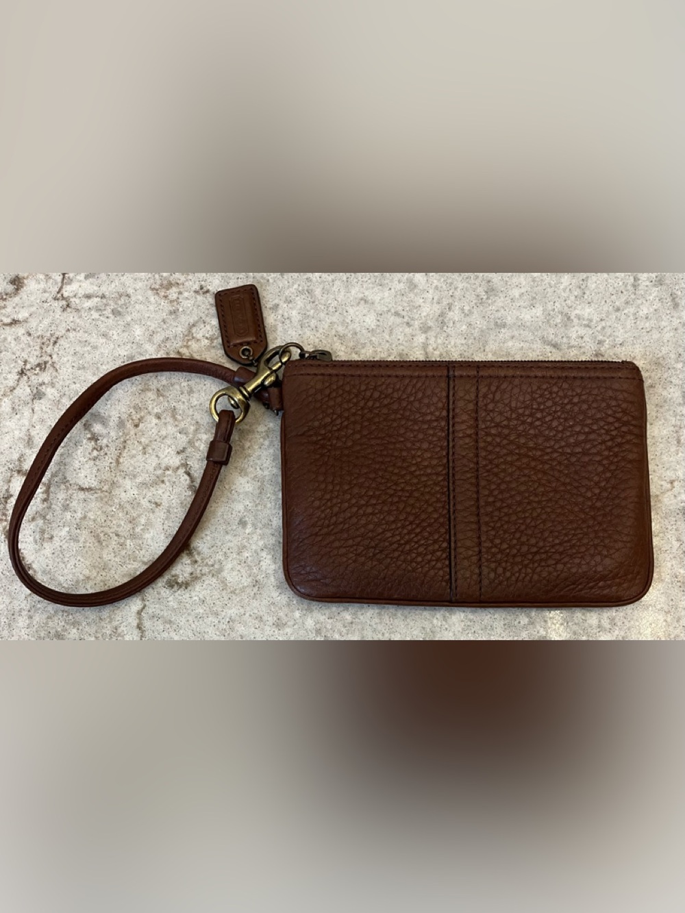 COACH BROWN PEBBLED LEATHER WRISTLET